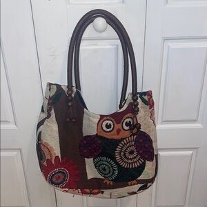 Whimsical Owl Design Tote Bag - Brown and Cream